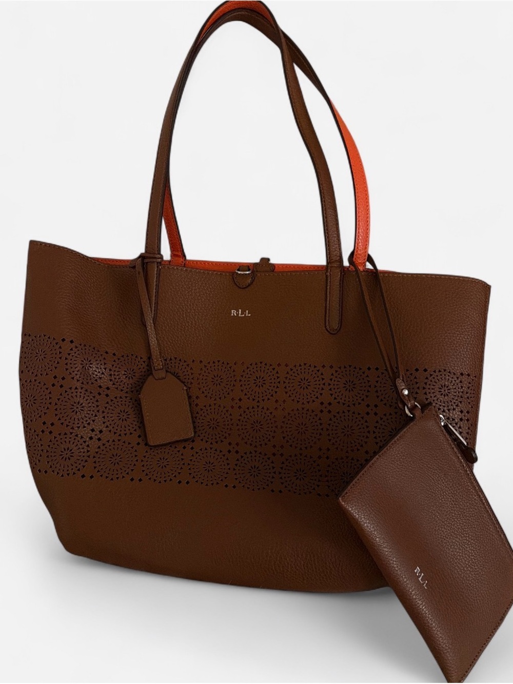 Ralph Lauren Brown Laser-Cut Leather Tote with Matching Pouch